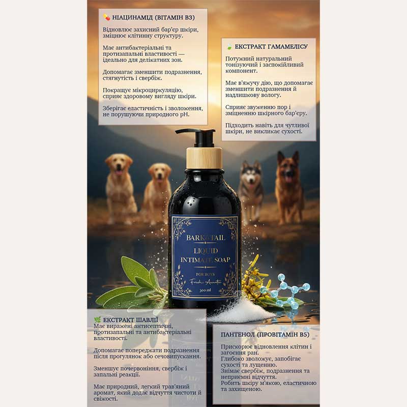 Рідке мило для інтимних зон собак-хлопчиків Bark&Tail - Intimate liquid paw soap for boys, 300 мл
