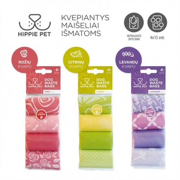 Пакеты для уборки за животными, с ароматом розы HippiePet - Rose, 4х15 шт