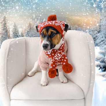 Комплект для собак шапка та шарф Christmas - Snowflakes and deer Red, M