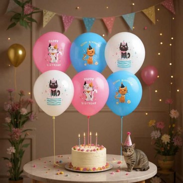 Набор из 6 шариков в день рождения котика Fiesta - Cat Birthday Pink, Blue, White
