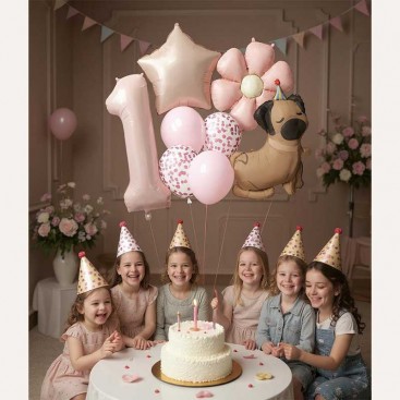 Набор из 10 3D шаров на первый день рождения собачки Fiesta - Pink Daisy Dog