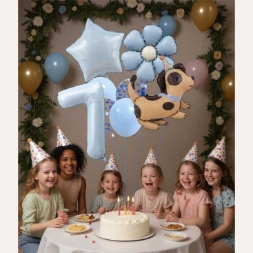 Набір з 10 3D кульок на сьомий день народження песика Fiesta - Blue Daisy Dog