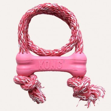 Игрушка косточка для щенков KONG - Puppy Goodie Bone XS, розовая с веревкой