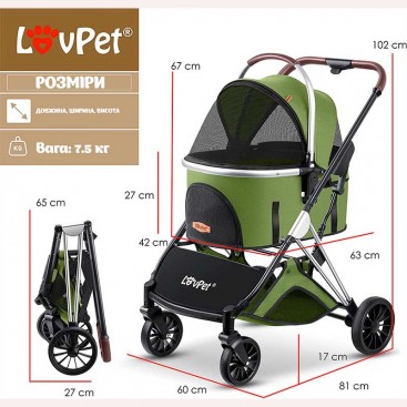 Візок для собак до 15 кг LovPet - Pet Buggy 3in1, Khaki/Silver