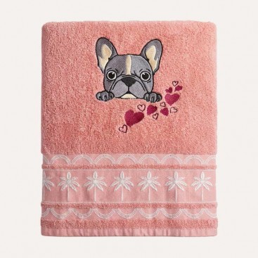 Махровий рушник для домашніх улюбленців Bark&Tail - Frenchie Love (50×100 см), рожевий