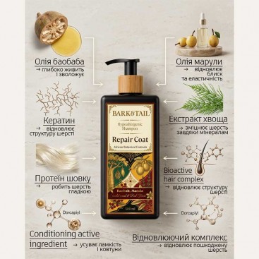 Гіпоалергенний шампунь для відновлення стану шерсті Bark&Tail-Repair Coat African Botanical, 250 мл