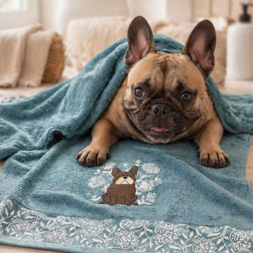Рушник для собак з вишивкою Montmorency - Frenchie in Bloom Teal (130х70)