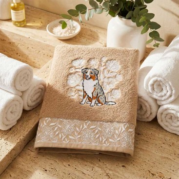 Полотенце для собак с вышивкой Montmorency - Australian Shepherd among the flowers, 70х140 см