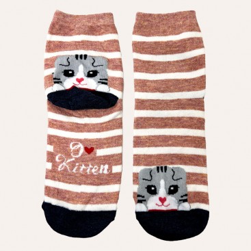 Шкарпетки жіночі з котиком в бежево-білу полоску Manolo - Beige and white stripe & Cat, 36-39
