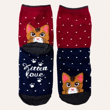 Носки женские с котом сине-бордовые в точку Manolo - Burgundy Dots & Cat, 36-39