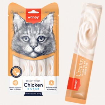 Лакомство для кошек с курицей и крабом Wanpy - Creamy Lickable Treats Chicken and Crab, 5 стик по 14г