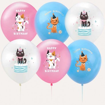 Набір з 6 кульок на день народження котика Fiesta - Cat Birthday Pink, Blue, White