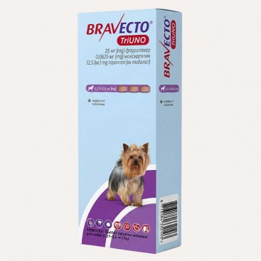 Протипаразитарні таблетки від бліх і кліщів та глистів для собак Bravecto TriUno-1,27-2,5 кг(1 шт)