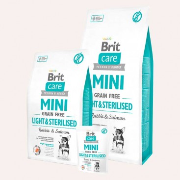 Сухой корм для стерилизованных собак мини пород с лишним весом Brit Care - Grain-Free Mini Light & Sterilised - Rabbit & Salmon 2 кг