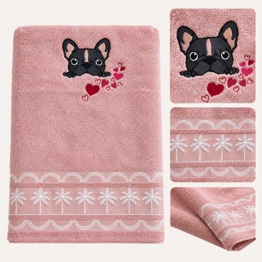 Махровое полотенце для домашних любимцев Bark&Tail - Frenchie Love (50×100 см), розовое