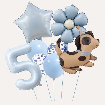Набір з 10 3D кульок на пʼятий день народження песика Fiesta - Blue Daisy Dog