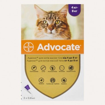 Краплі для великих котів для захисту від зовнішніх і внутрішніх паразитів Advocate 4-8кг