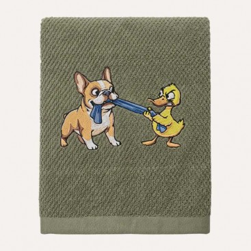 Махровий рушник для домашніх улюбленців Bark&Tail - French Bulldog & Duck (50×100 см), оливковий