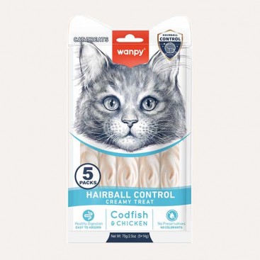 Функціональні рідкі ласощі для котів тріска та курка Wanpy - Hairball Control, 70 г