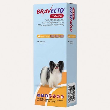 Протипаразитарні таблетки від бліх і кліщів та глистів для собак Bravecto TriUno-2,5-5 кг