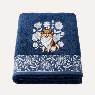 Махровий рушник для домашніх улюбленців Bark&Tail - Corgi Flowers (70×130 см), темно-синій