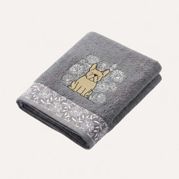 Полотенце для собак с вышивкой Montmorency - Big towel for French Bulldog, grey (65х140 см)