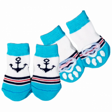 Шкарпетки біло-блакитні з якорем 4 шт. - Non-slip Anchor Dog Socks, S: 2,5х6 см