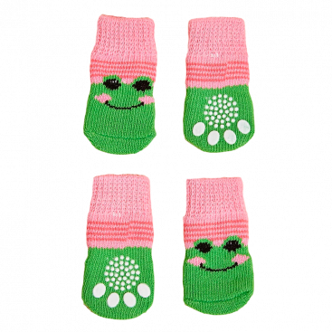 Носки для собак розово-зеленые с лягушкой 4шт- Dog Socks M: 3x7,5 см