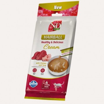Фарміна кет кремові ласощі N&D QUINOA CAT HAIRBALL CREAM CHICKEN & TUNA ADULT 60 gr