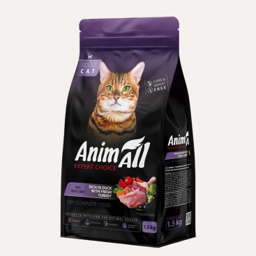 AnimAll Полнорационный сухой корм для котов со свежей индейкой и уткой, 1,5 кг