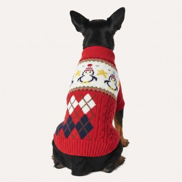 Светр для собак червоний з пінгвінами PetsIn - Christmas Penguins red, L