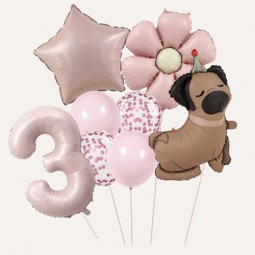 Набор из 10 3D шаров на третий день рождения собачку Fiesta - Pink Daisy Dog