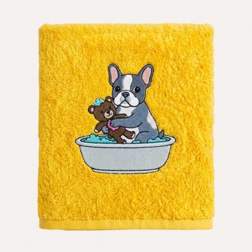Махровий рушник для домашніх улюбленців Bark&Tail - French Bulldog & Teddy Bear (50×100 см), жовтий