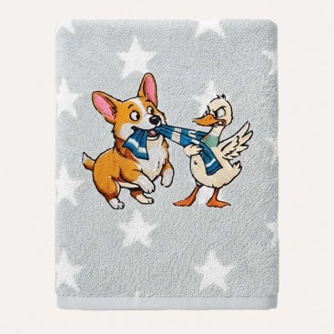 Махровий рушник для домашніх улюбленців Bark&Tail - Corgi & Goose (50×100 см), сірий із зірками