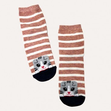 Шкарпетки жіночі з котиком в бежево-білу полоску Manolo - Beige and white stripe & Cat, 36-39