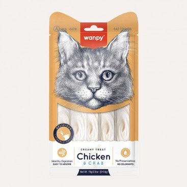 Лакомство для кошек с курицей и крабом Wanpy - Creamy Lickable Treats Chicken and Crab, 5 стик по 14г