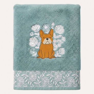 Махровий рушник для домашніх улюбленців Bark&Tail - French Bulldog Flowers (70×130 см), блакитний