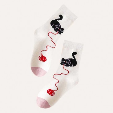 Шкарпетки кремово-рожеві з чорними котиками для дівчат 9-12 р PlaySox - Cat with Red ball of thread