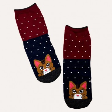 Носки женские с котом сине-бордовые в точку Manolo - Burgundy Dots & Cat, 36-39