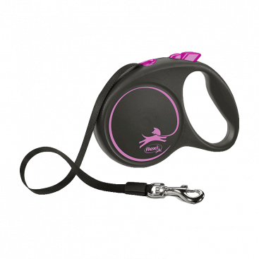 Чорна рулетка S зі стрічковим повідком 5м Flexi - Pink Design